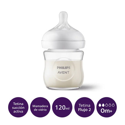 Mamadera Philips Avent Natural Response 120ml Vidrio con leche sobre fondo blanco